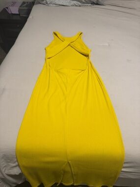 H&M Bright Yellow Ribbed Cross-Back Midi Dress